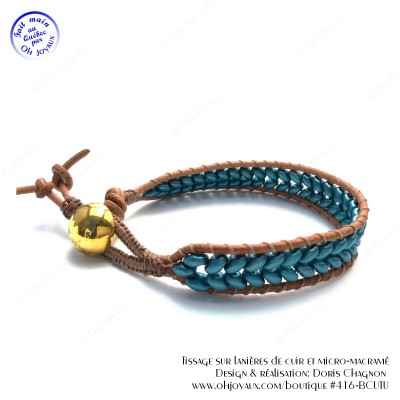 Bracelet de cuir brun et billes sarcelle