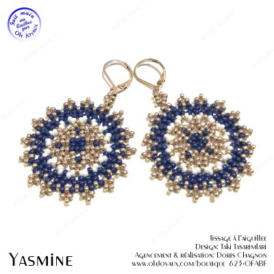 Boucles d'oreilles Yasmine en bleu marine, champagne et blanc