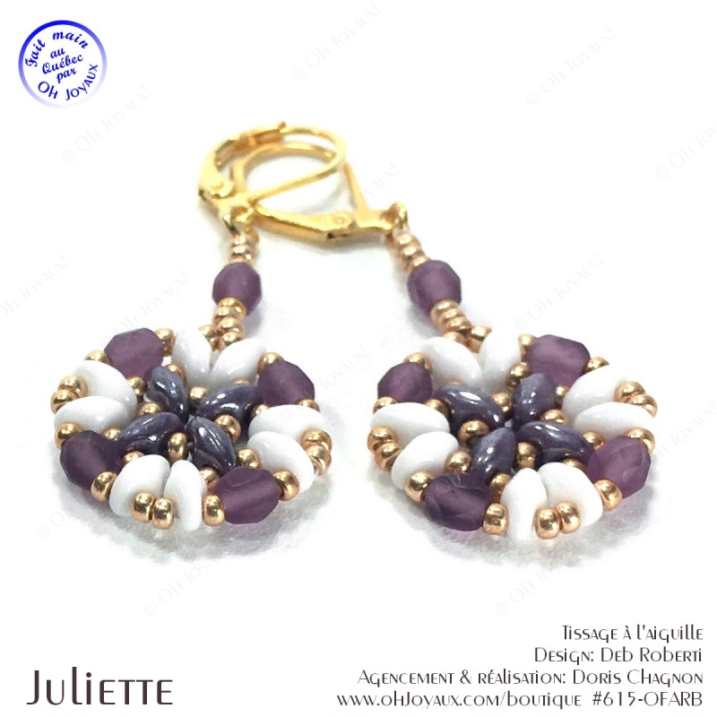 Boucles d'oreilles Juliette de couleur blanc, améthyste et doré